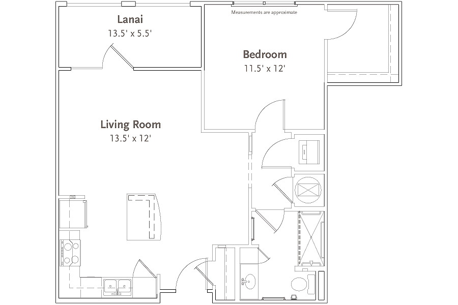 A floor plan of an apartment showing the living room, bedroom, and lanai.