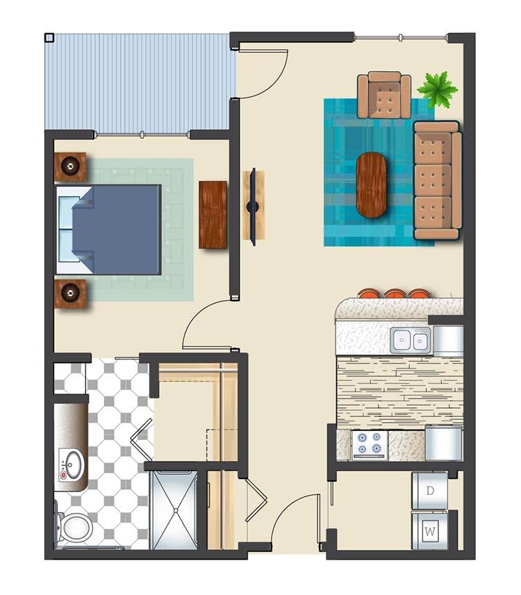 A simple floor plan featuring a bedroom, living room, kitchen, and bathroom.
