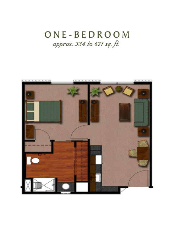 One-bedroom apartment floor plan layout showcasing a living room, bedroom, kitchen, and bathroom.