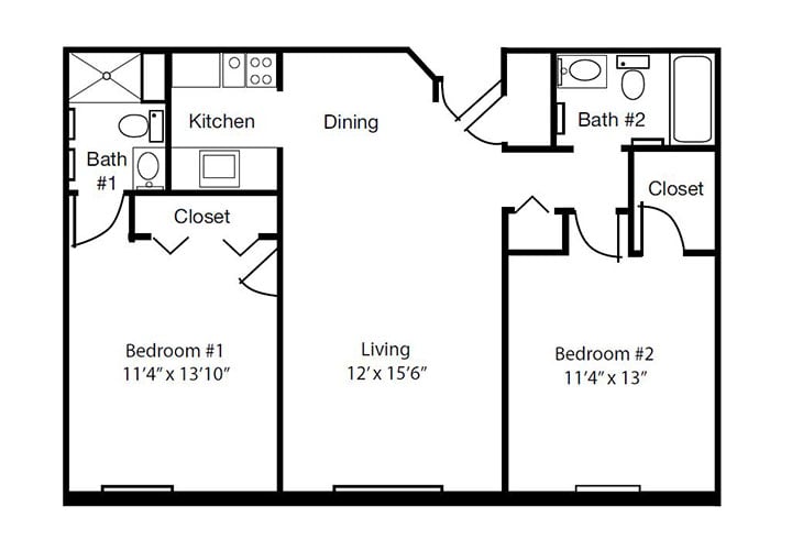 A floor plan of a three-bedroom apartment showing the layout and room dimensions.