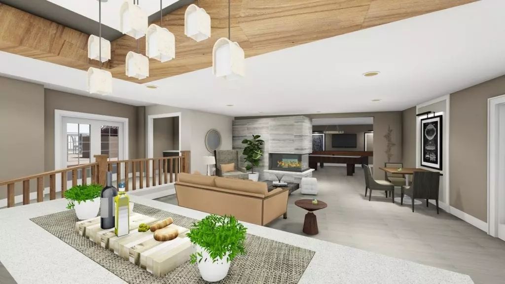 A modern and luxurious living room with an open space design, featuring elegant furniture and a stylish chandelier.