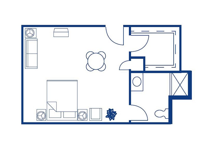 A simple floor plan depicting an apartment layout with labeled rooms and furniture.