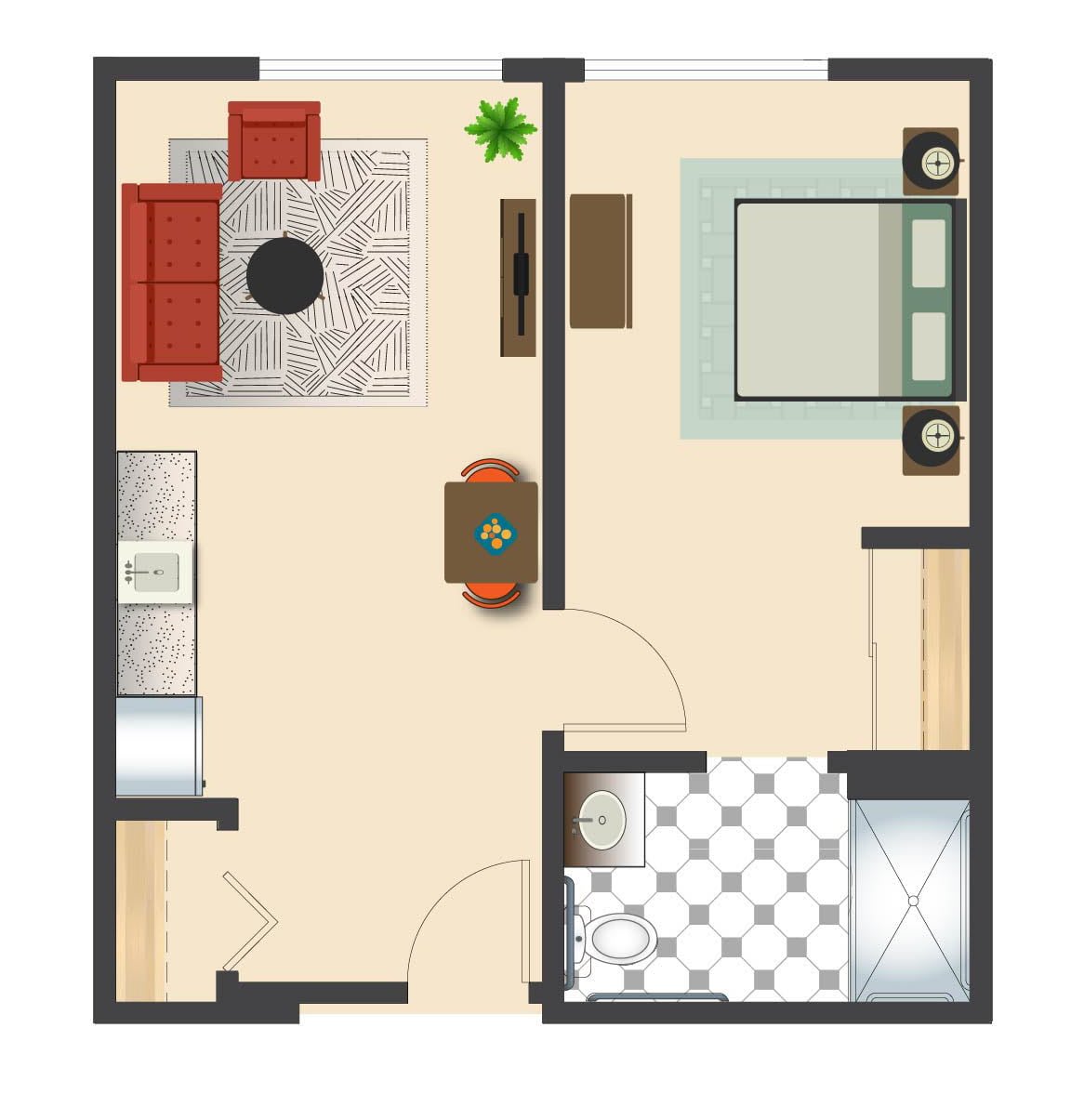A compact apartment floor plan featuring a living room, bedroom, kitchen area, and bathroom.