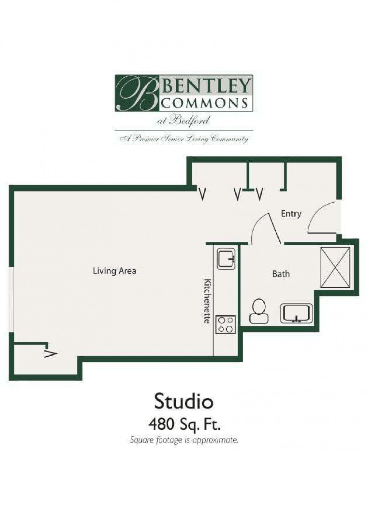 Floor plan of a studio apartment measuring 480 square feet.