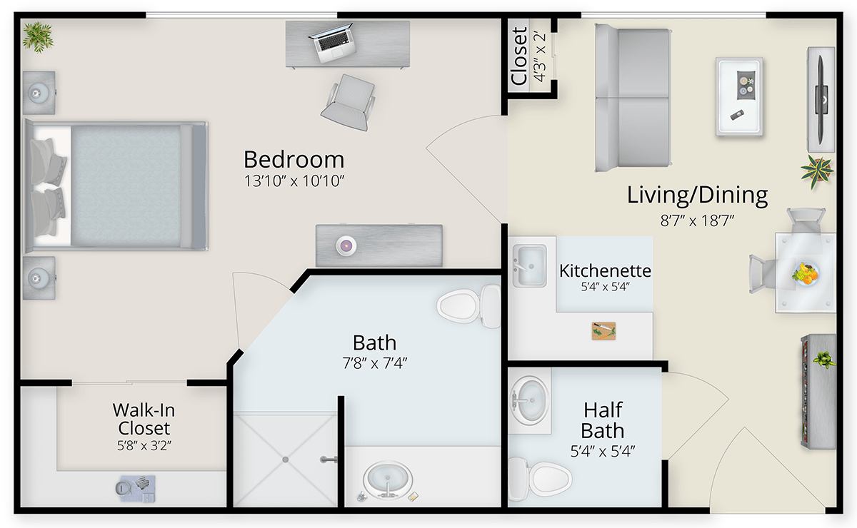 A floor plan of a one-bedroom apartment featuring a living room, kitchenette, full bathroom, half bath, and closet space.