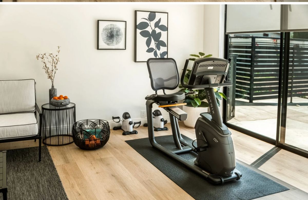 A modern home gym setup featuring a recumbent bike and various weights for indoor workouts.