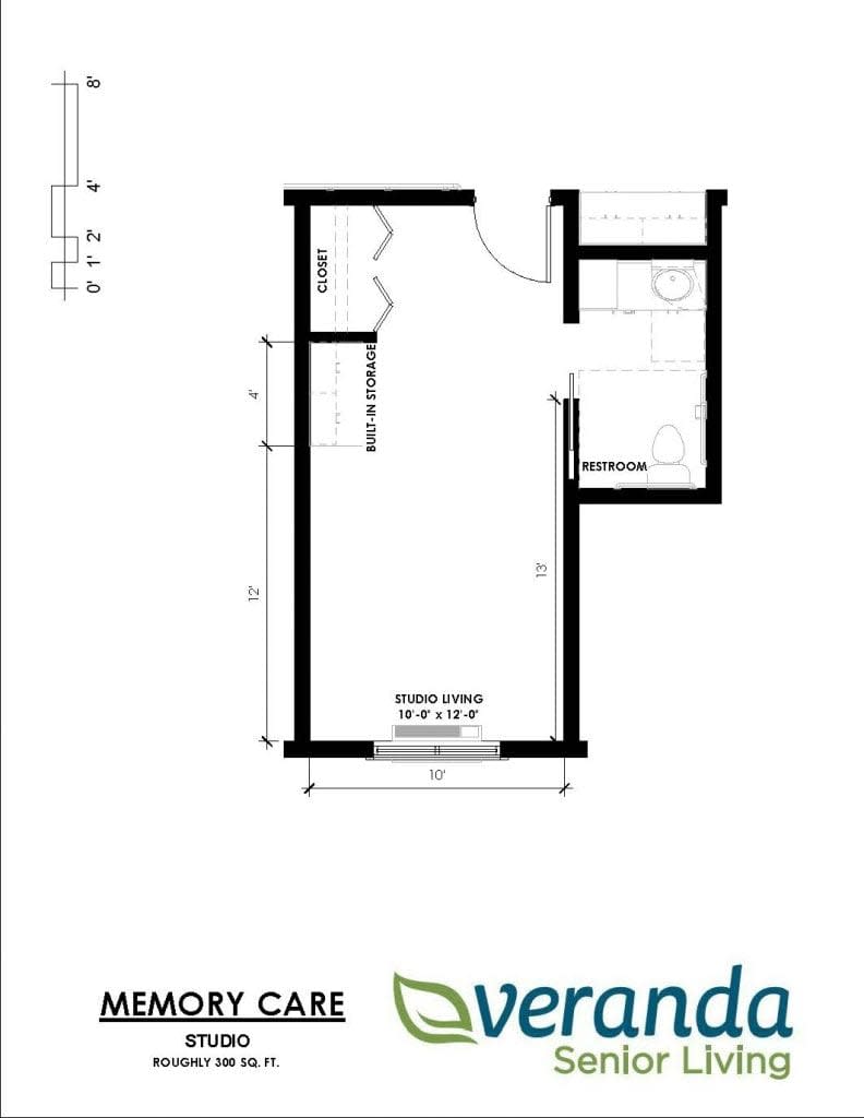 A detailed floor plan showcasing a small apartment layout with designated areas for living and bathroom spaces.
