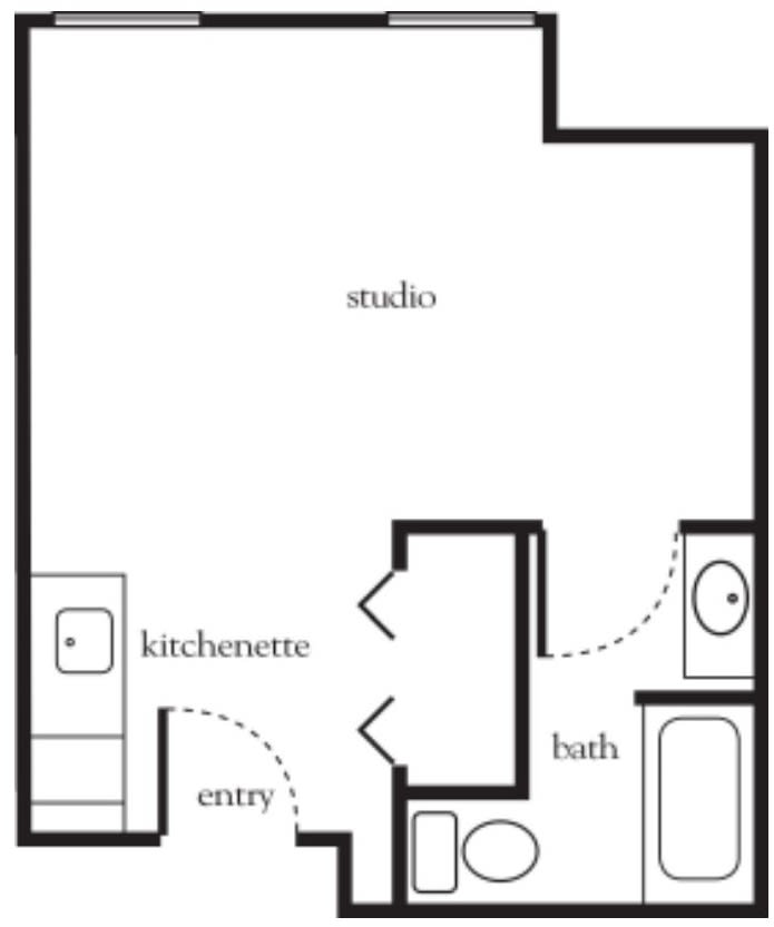 A floor plan of a studio apartment with a kitchenette, entryway, and bathroom.