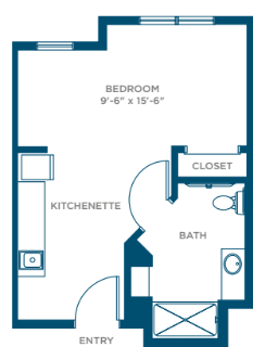A compact apartment floor plan featuring a bedroom, kitchenette, bathroom, and closet.