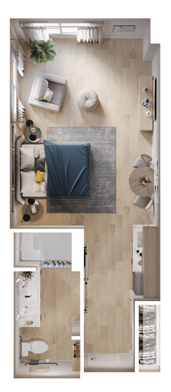 This is a modern floor plan design featuring a spacious bedroom with a double bed, contemporary furniture, and a small dining area.