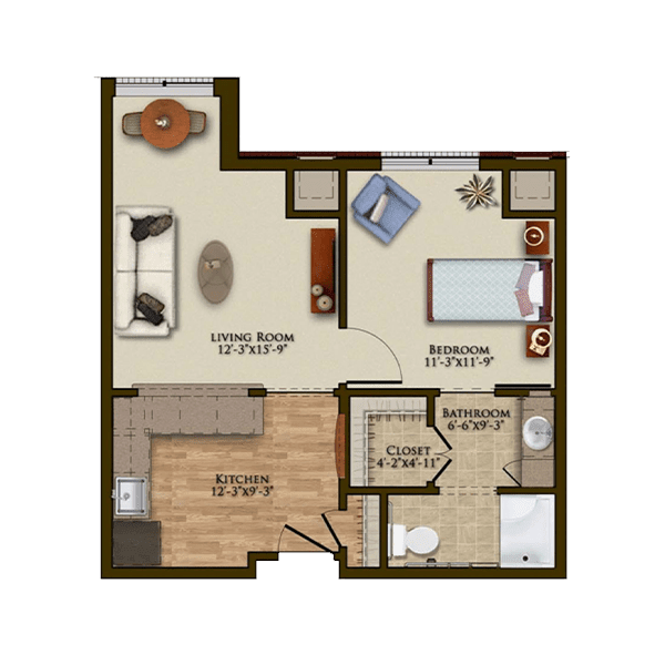 One-bedroom apartment floor plan with living room, kitchen, bathroom, and closet space.