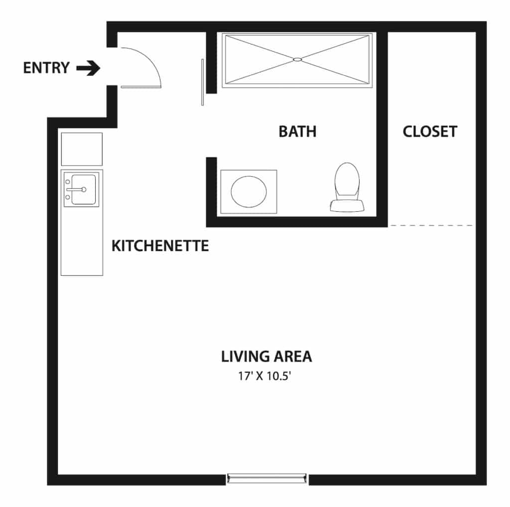 Studio apartment floor plan with a living area, kitchenette, bath, and closet.