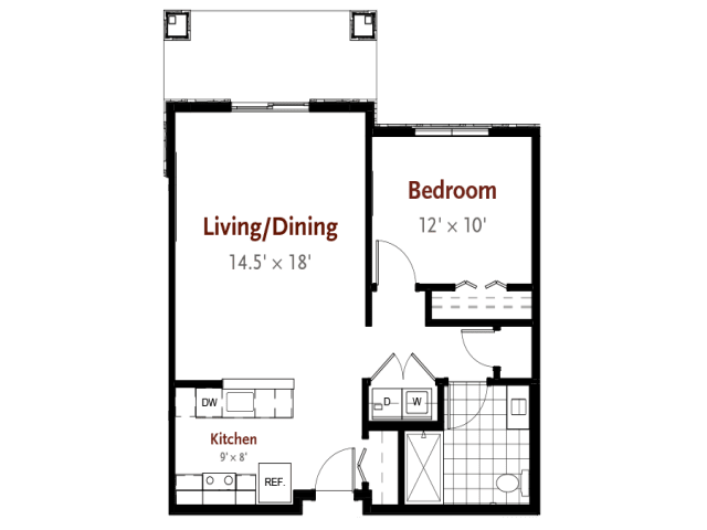 A floor plan of a one-bedroom apartment with a kitchen, living/dining area, and bathroom.