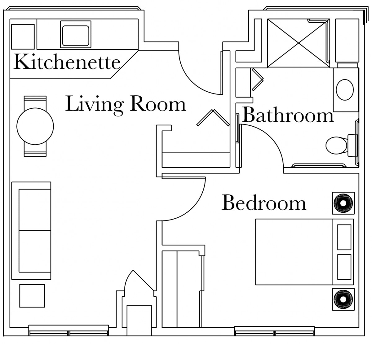 A floor plan of a small apartment featuring a living room, kitchenette, bedroom, and bathroom.
