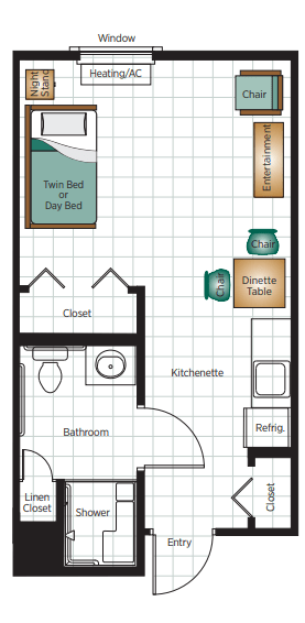 A floor plan of a studio apartment showing the layout with a twin bed, kitchenette, dining table, closet, and bathroom.