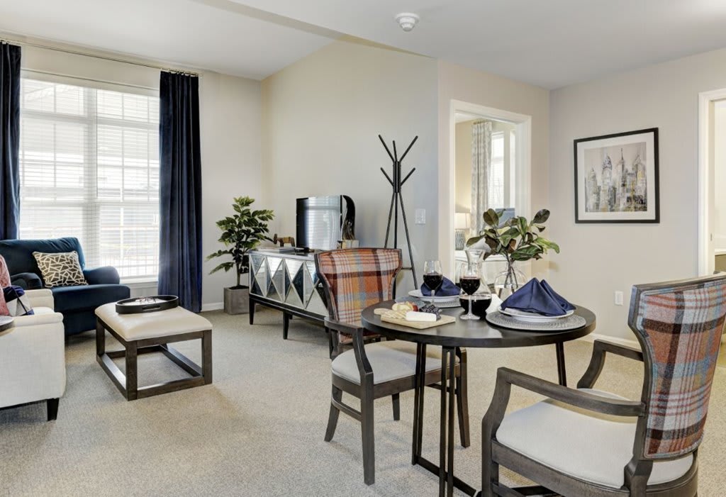 A modern living and dining area with sleek furniture and decorative plants.