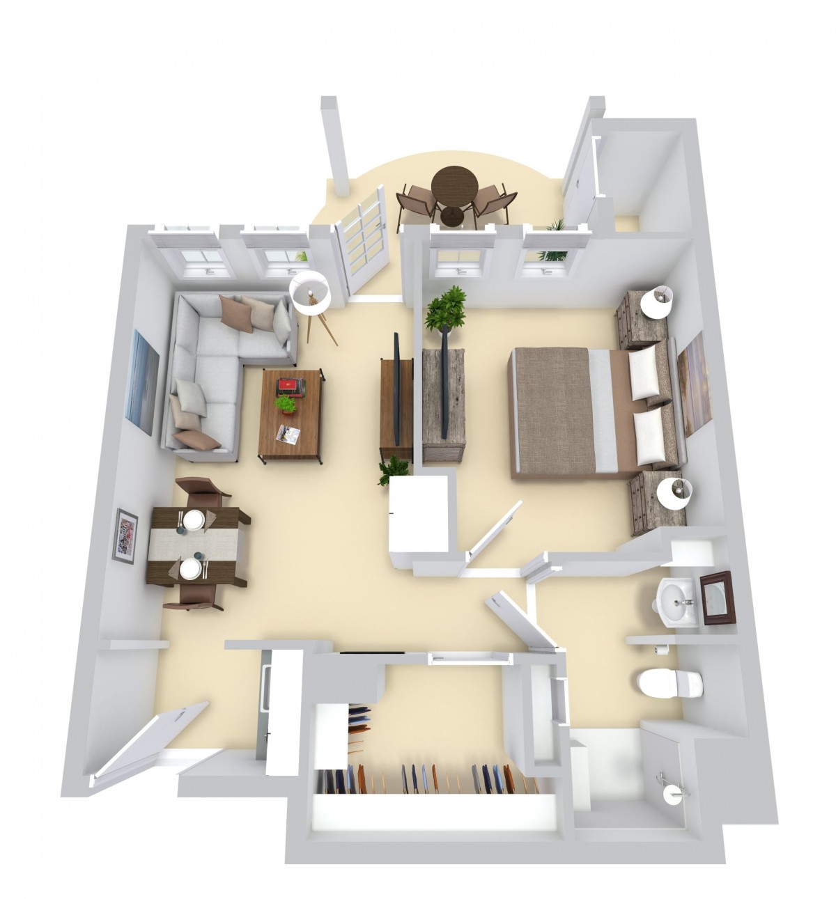 A 3D rendered floor plan showcasing the layout of a modern apartment, featuring a spacious living area, kitchen, bedroom, and bathroom.
