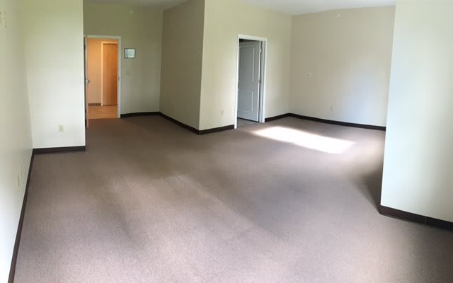 An empty room with a carpeted floor and natural light coming through the windows.