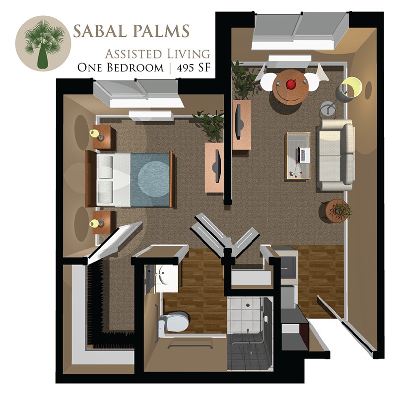 A 3D floor plan of a one-bedroom apartment at Sabal Palms, featuring various living spaces including a bedroom, living room, kitchen, and bathroom.