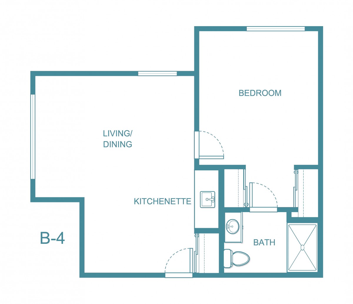 A floor plan of a one-bedroom apartment with a living/dining area, kitchenette, bedroom, and bathroom.
