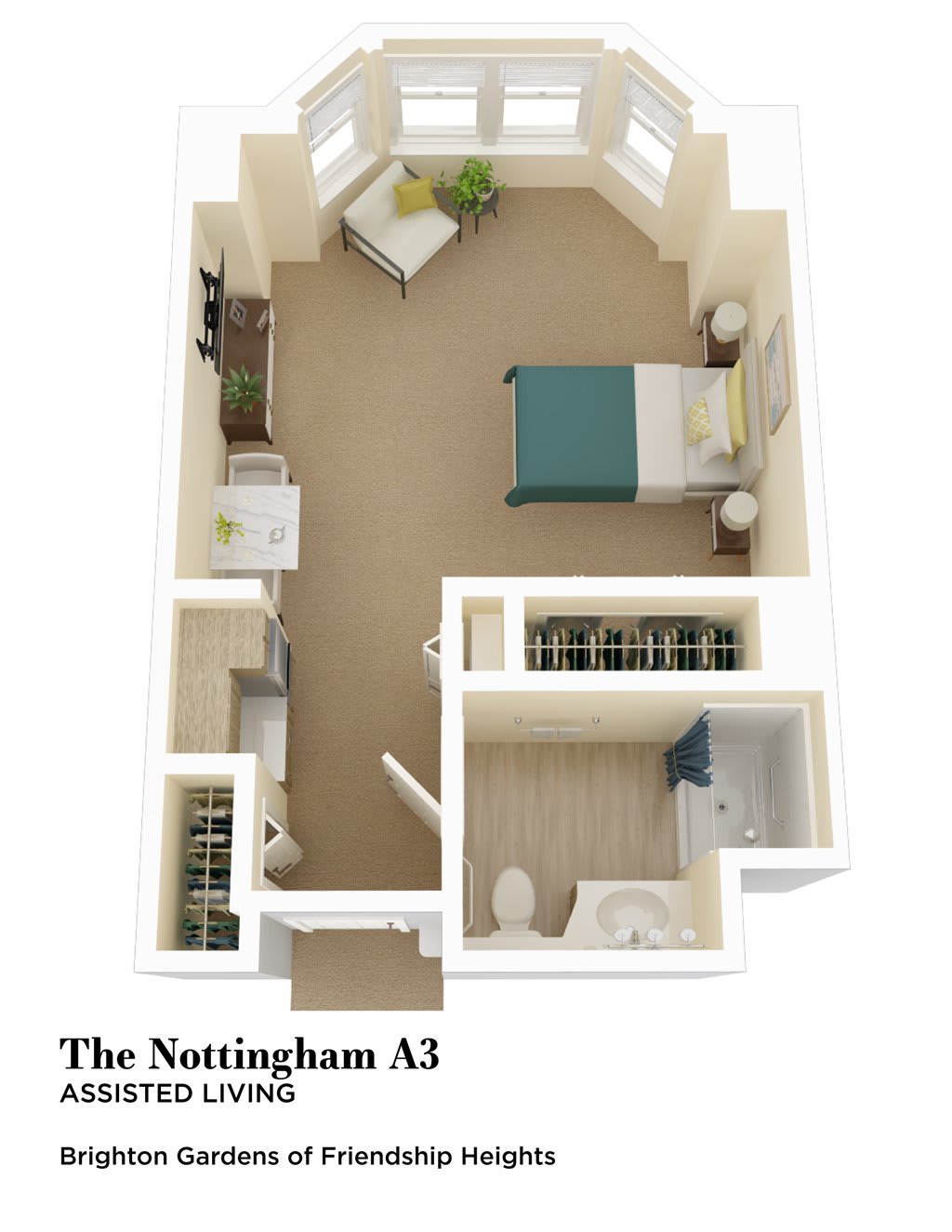 3D floor plan of The Nottingham A3 apartment featuring a bedroom, bathroom, and living area.