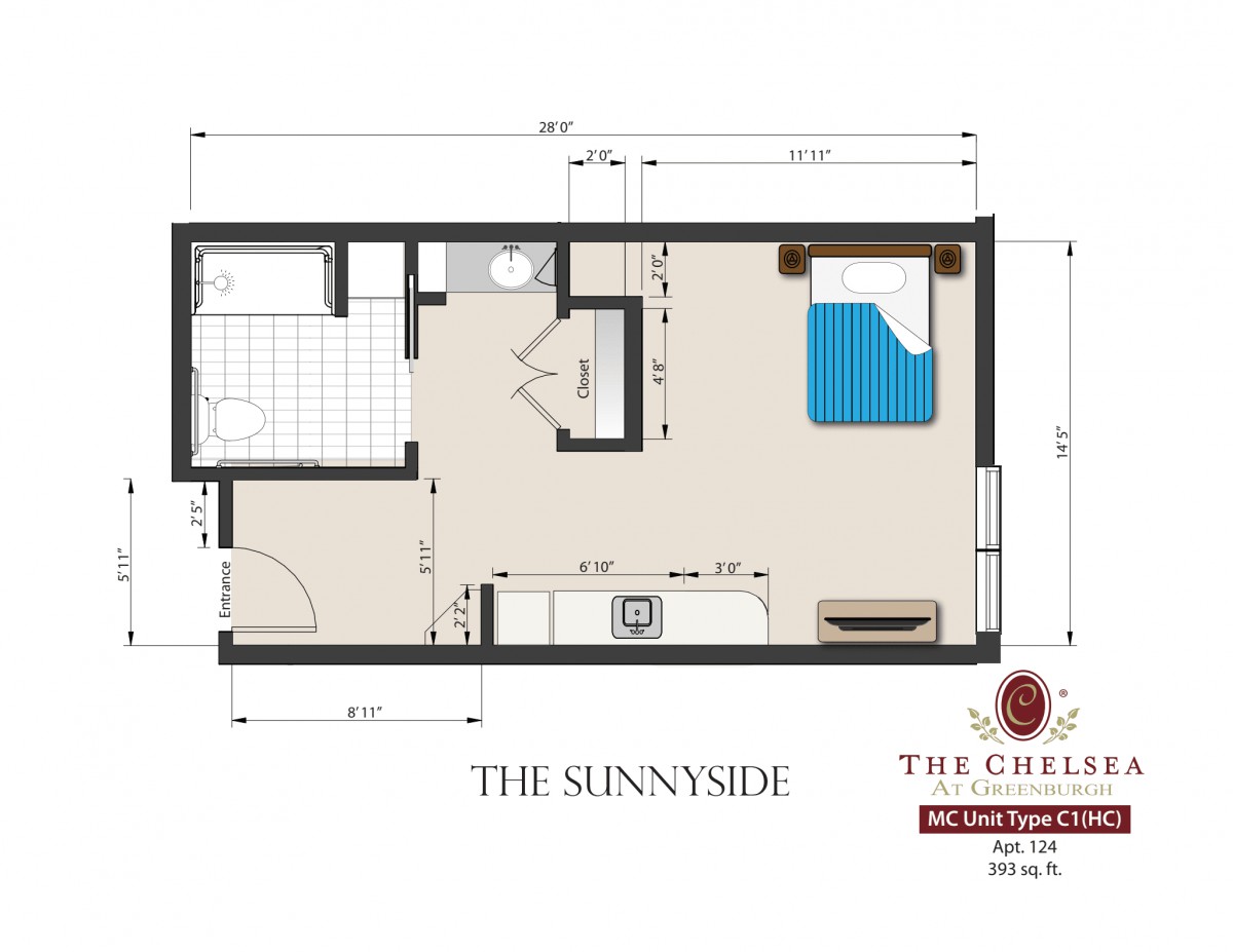 Floor plan of a studio apartment labeled 'The Sunnyside'.
