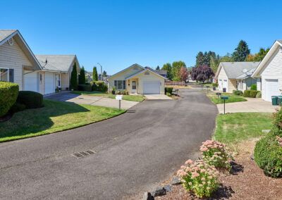 A quiet suburban neighborhood with neatly arranged houses and a clear blue sky.