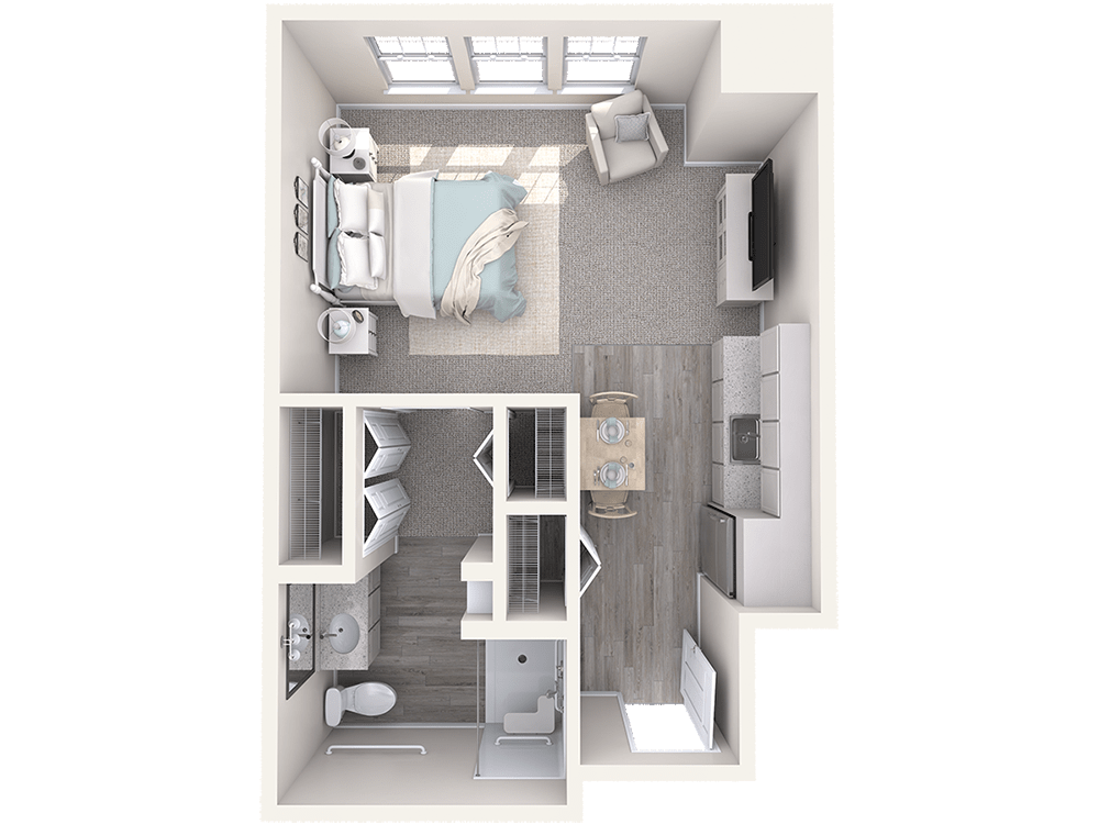A detailed floor plan of a studio apartment featuring an open layout with a bedroom, living area, kitchen, and bathroom.