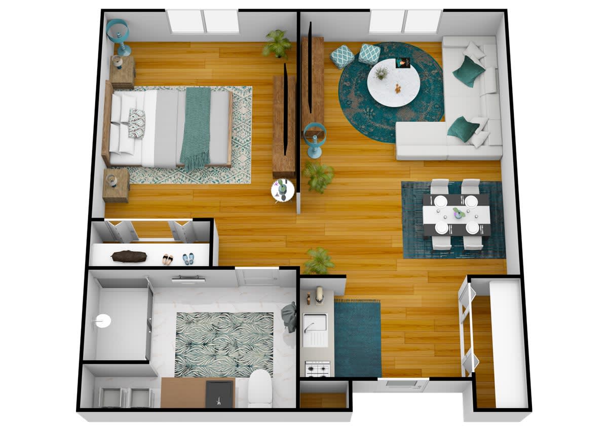 A modern one-bedroom apartment floor plan featuring a living room, kitchen, and bathroom.
