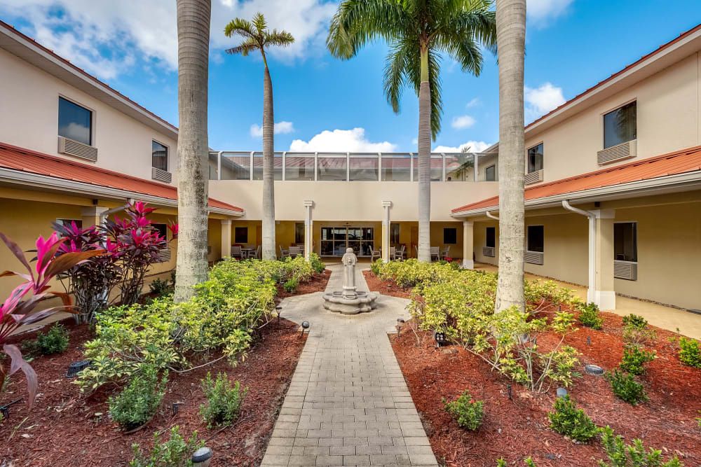 A serene courtyard featuring palm trees and a landscaped garden with a central pathway.