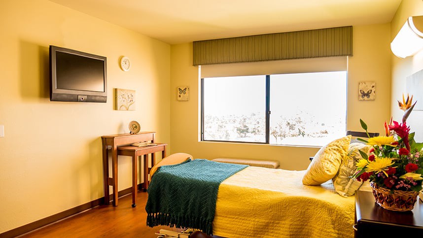 A cozy bedroom with a single bed, warm lighting, and a large window letting in natural light.
