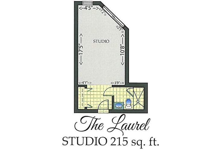 Floor plan of The Laurel studio apartment with 215 square feet.