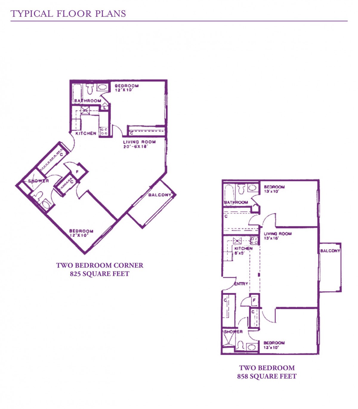 Blueprints showing a one-bedroom and a two-bedroom apartment layout.