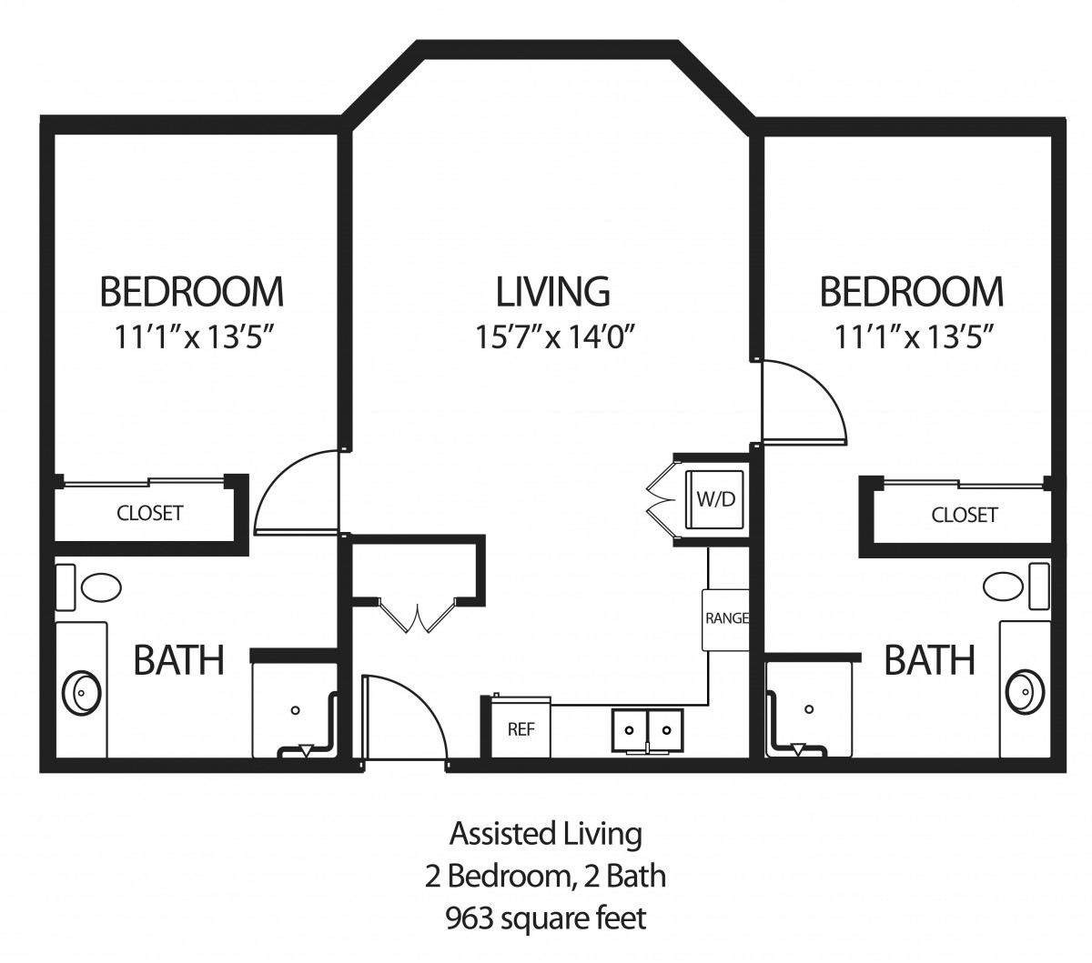 A floor plan for an assisted living apartment featuring two bedrooms and two baths, encompassing 963 square feet.