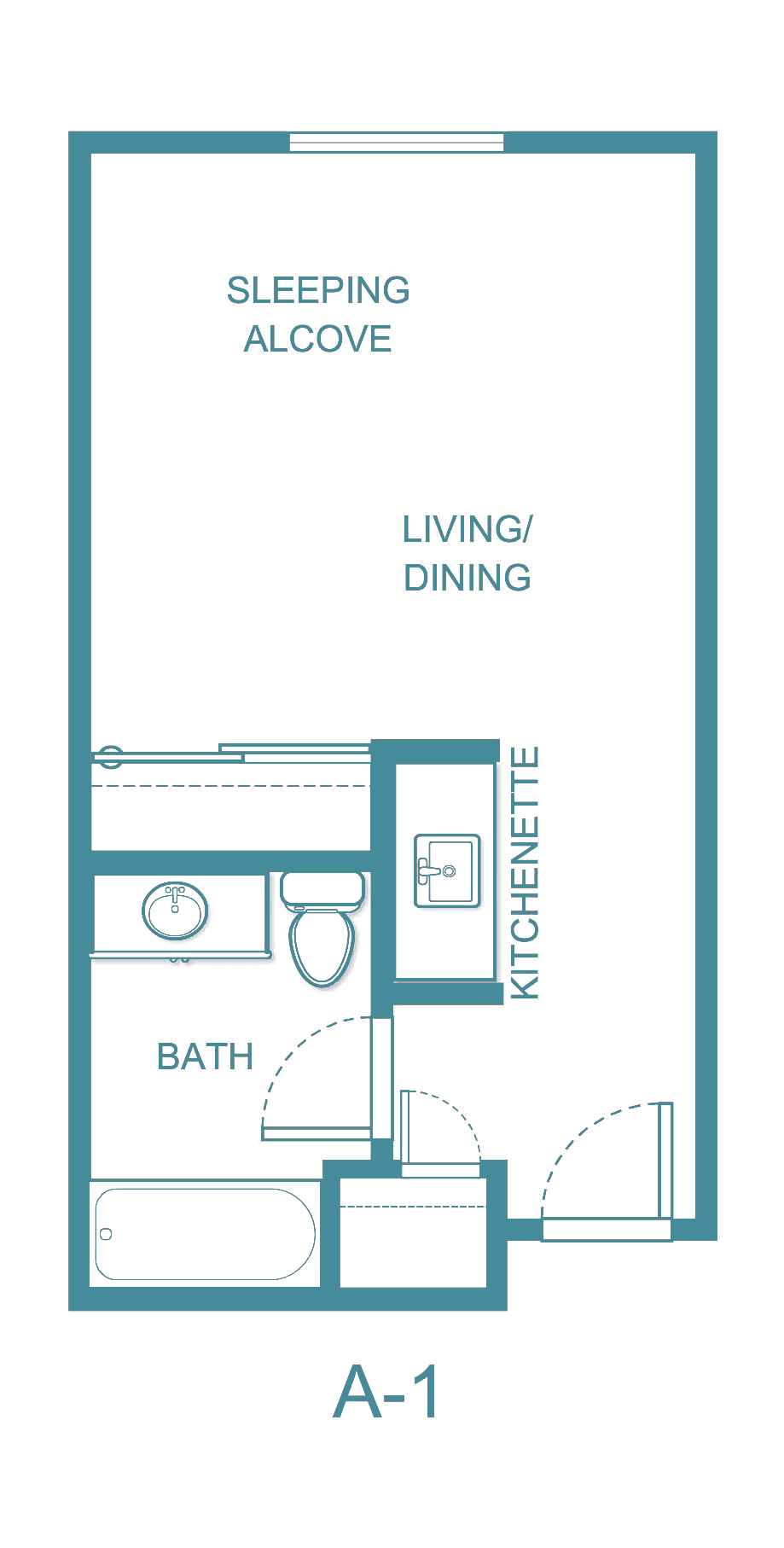 A floor plan of a compact studio apartment featuring a living/dining area, kitchenette, and bathroom.
