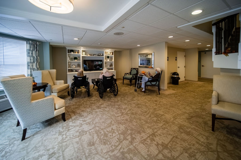 A cozy lounge area with several seniors sitting in wheelchairs, comfortable chairs, and a carpeted floor.