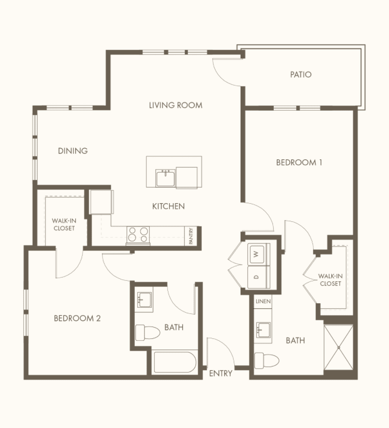 A detailed floor plan of a two-bedroom apartment layout.