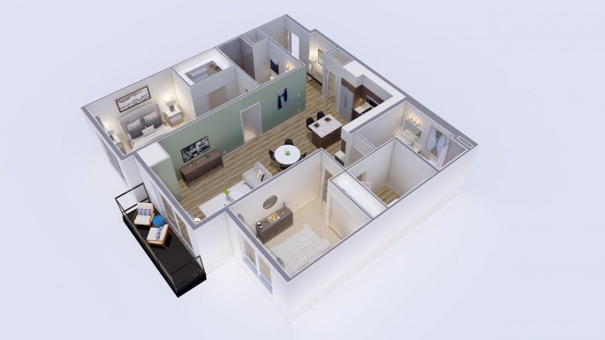 A 3D rendered floor plan of an apartment featuring a living room, bedrooms, and kitchen.