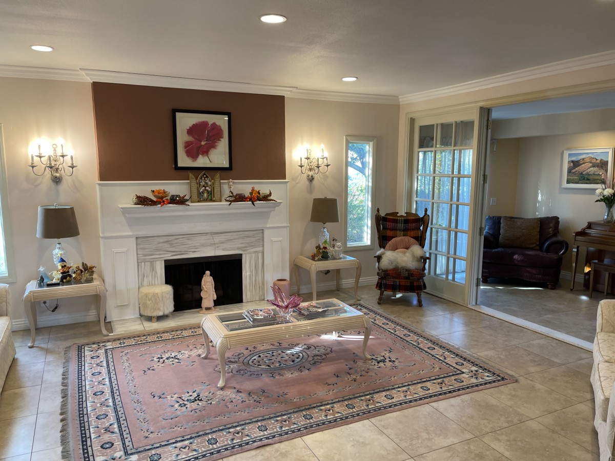 A cozy living room with a modern fireplace and elegant decor.