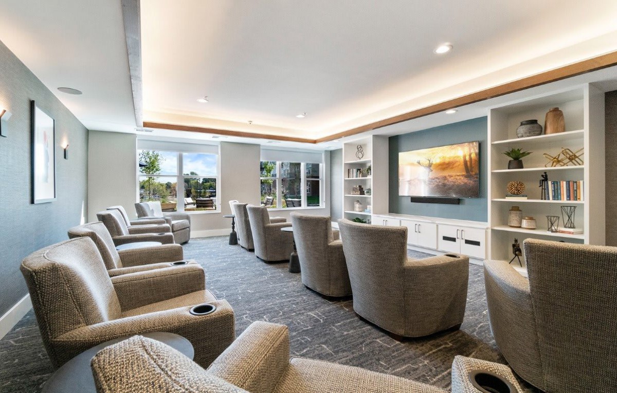 A modern living room with comfortable armchairs facing a large television, illuminated by natural light from the windows.