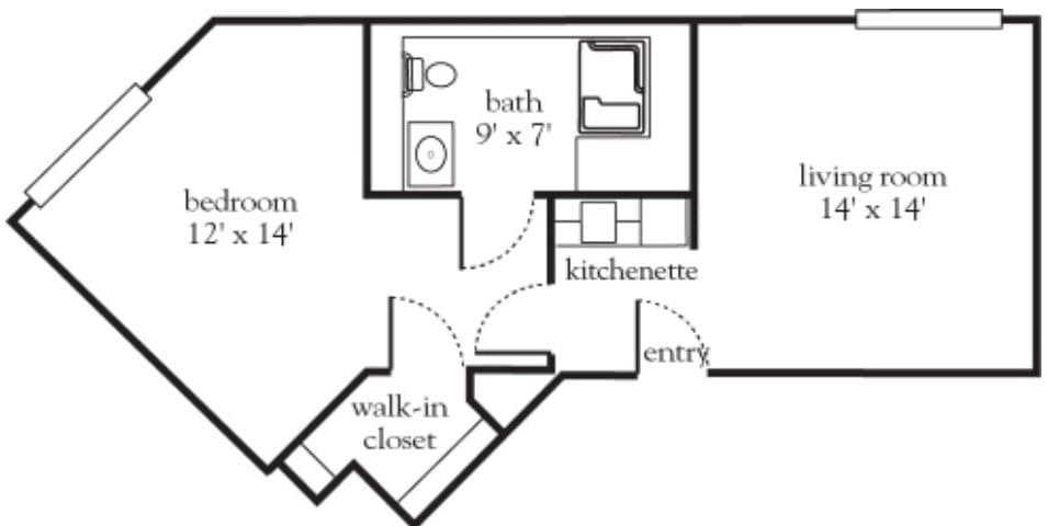 A floor plan of a studio apartment featuring a bath, kitchenette, walk-in closet, and entry.