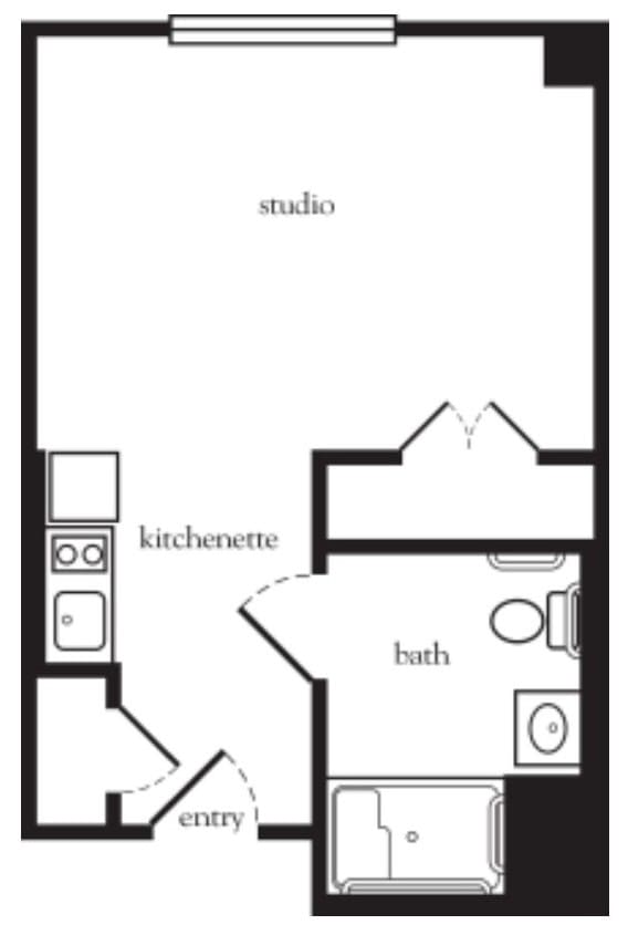 A floor plan of a studio apartment featuring a kitchenette and bathroom.