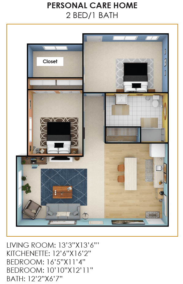 A compact floor plan of a two-bedroom apartment featuring a living room, kitchen, bathroom, and closet.