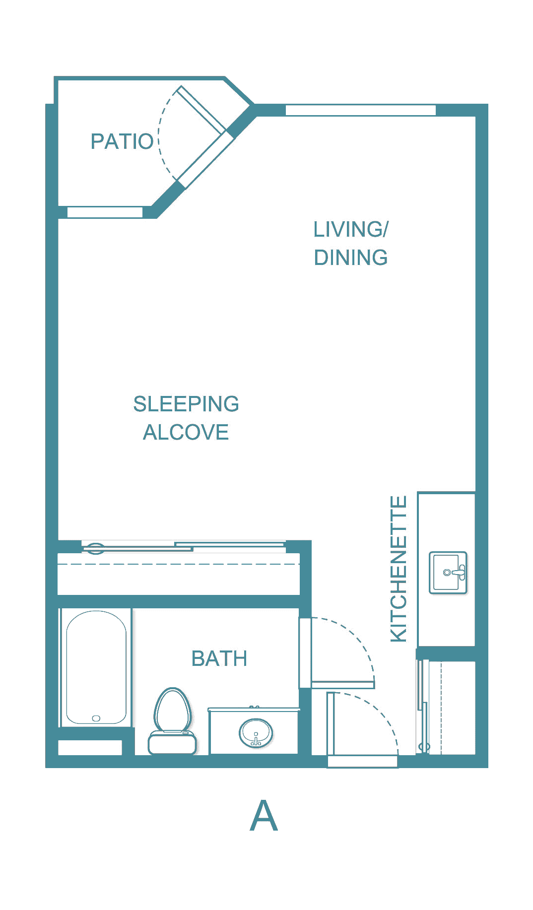 Studio apartment floor plan with a sleeping alcove, living/dining area, kitchenette, and bathroom.