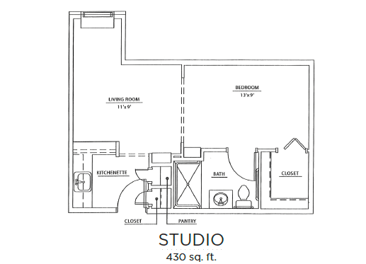 Floor plan of a 430 sq. ft. studio apartment.