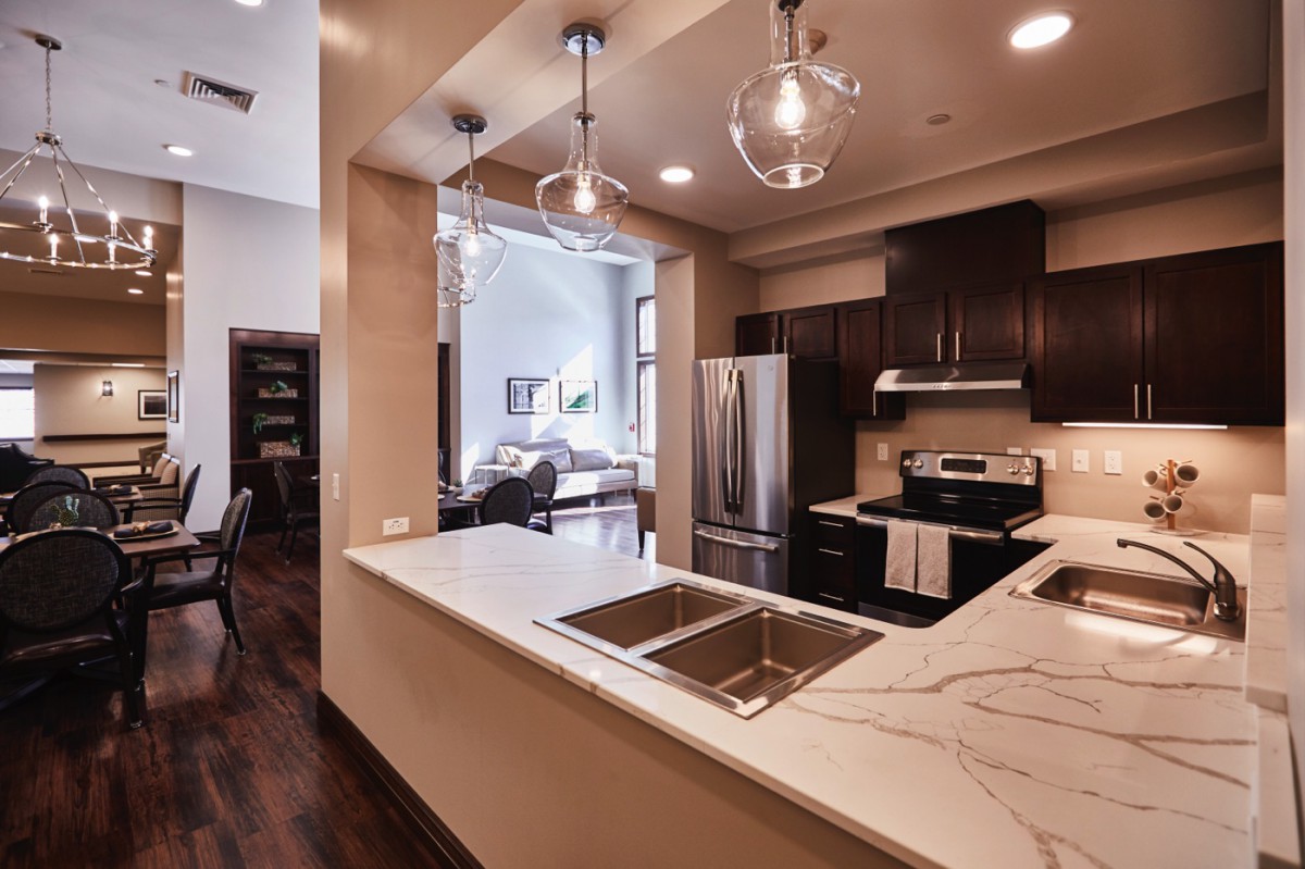 A modern kitchen with dark wood cabinets, stainless steel appliances, and stylish pendant lighting.