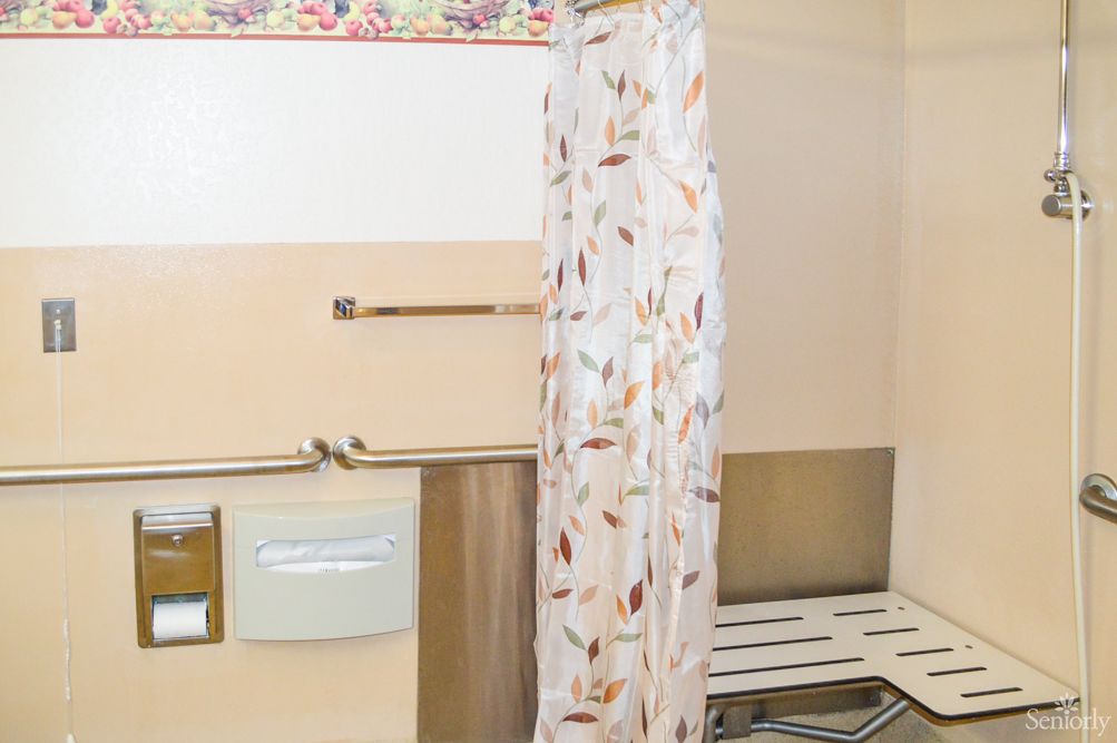 A bathroom featuring a floral shower curtain and handrails.