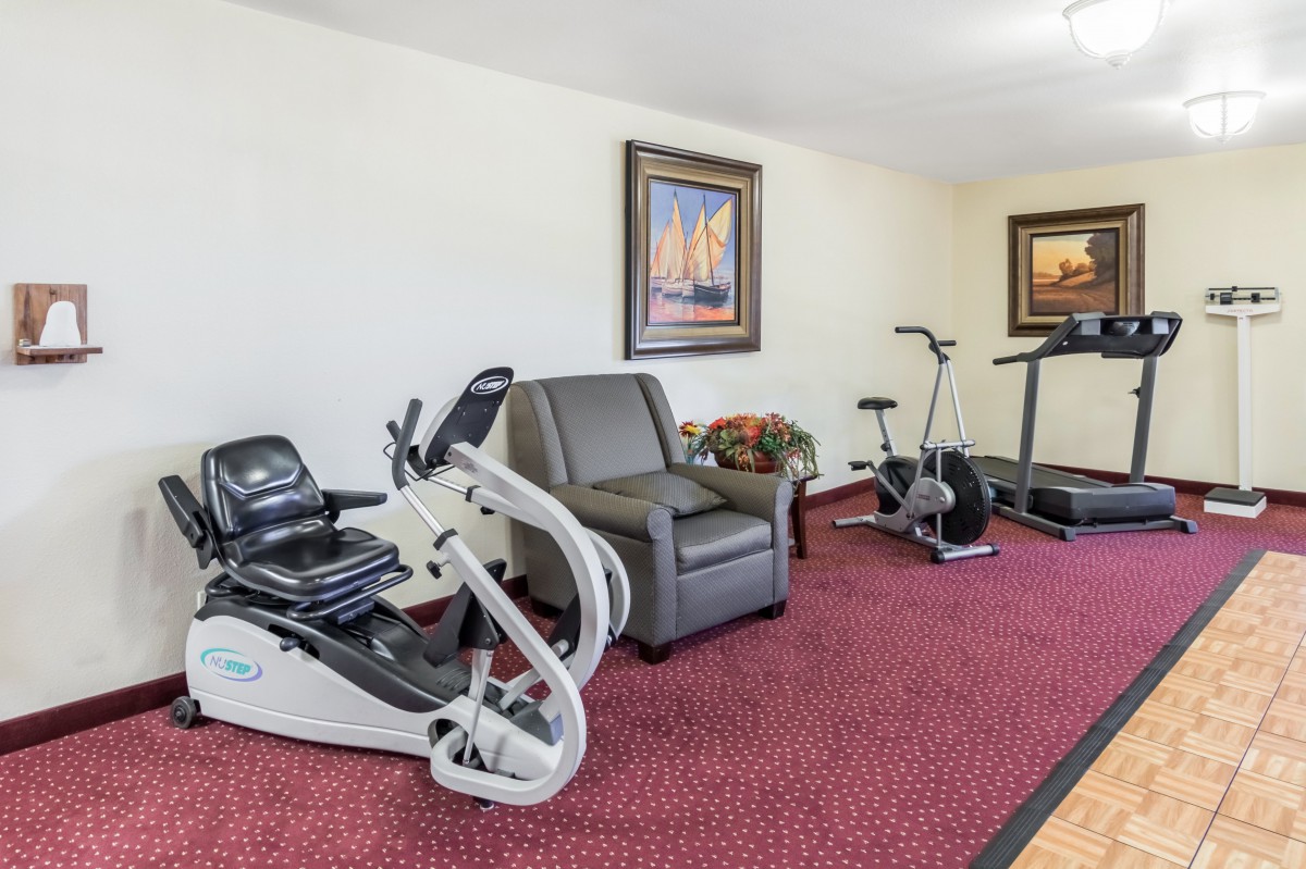 A home gym setup featuring a treadmill, stationary bike, and recumbent bike on a carpeted floor with framed artwork on the walls.