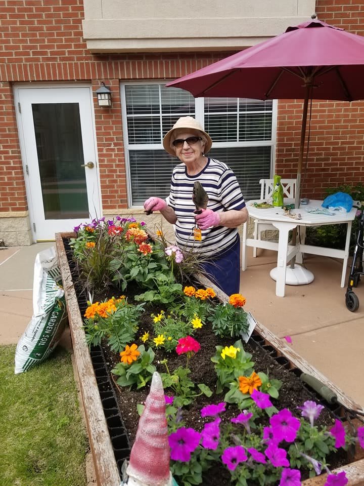 An elderly woman gardening in a raised bed filled with colorful flowers.