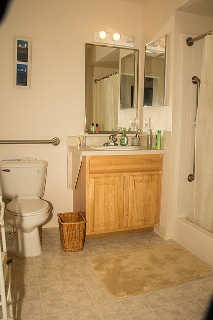A clean and organized bathroom with a vanity, mirror, and shower.